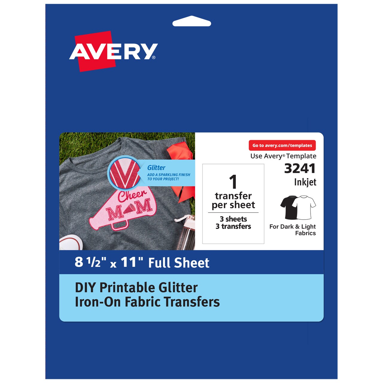 Avery Glitter Fabric Transfer Paper, 8.5 x 11, Mess-Free White Glitter,  Printable Heat Transfers for Inkjet Printers, 3 Sheets (03241)